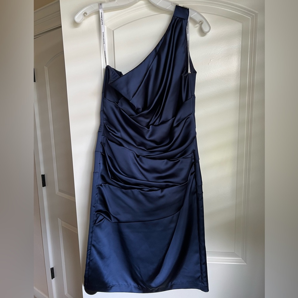 David’s Bridal One Shoulder Satin Ruched Dress - Marine